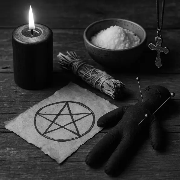 Black and white photograph of a witchcraft hex removal altar with black candle, salt bowl, sage bundle, and pentagram parchment, authentic ritual for curse breaking and spiritual protection.