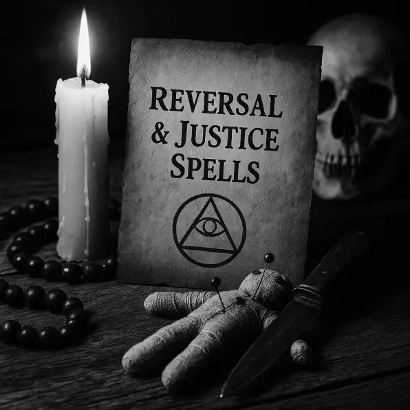 Black and white photograph of a witchcraft reversal and justice spell altar with candle, voodoo doll, parchment and skull, powerful ritual scene symbolizing karma and retribution.