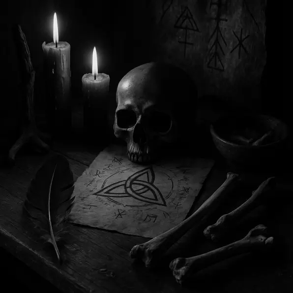 Black and white photograph of an ancient shadow magic altar with skull, candles, runes and parchment, mystical ritual scene symbolizing dark energy and transformation.