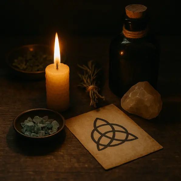 Vintage healing and transformation spell altar with candle, herbs, quartz crystals, and triquetra symbol on parchment, authentic witchcraft ritual for energy renewal.