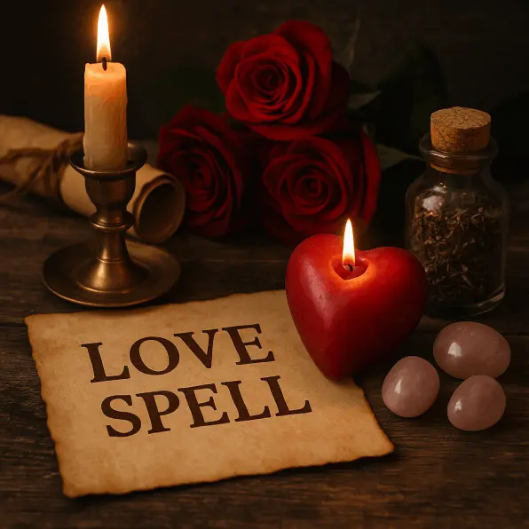 Vintage love spell altar with red candles, roses, parchment and rose quartz — authentic witchcraft ritual scene symbolizing attraction and romance.