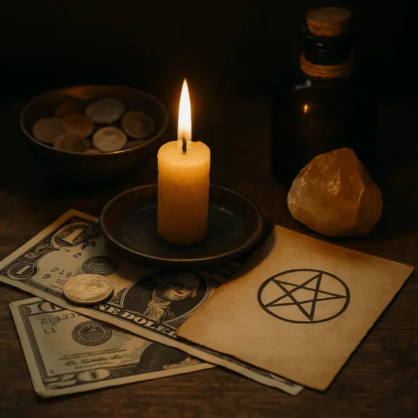 Vintage money and prosperity spell altar with candle, coins, dollar bills, citrine crystal, and parchment pentacle, authentic ritual for wealth and success