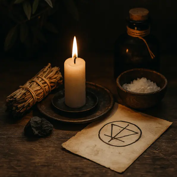 Vintage witchcraft protection and cleansing spell altar with white candle, sage bundle, salt bowl, and ancient sigil on parchment, authentic ritual scene for energy purification.